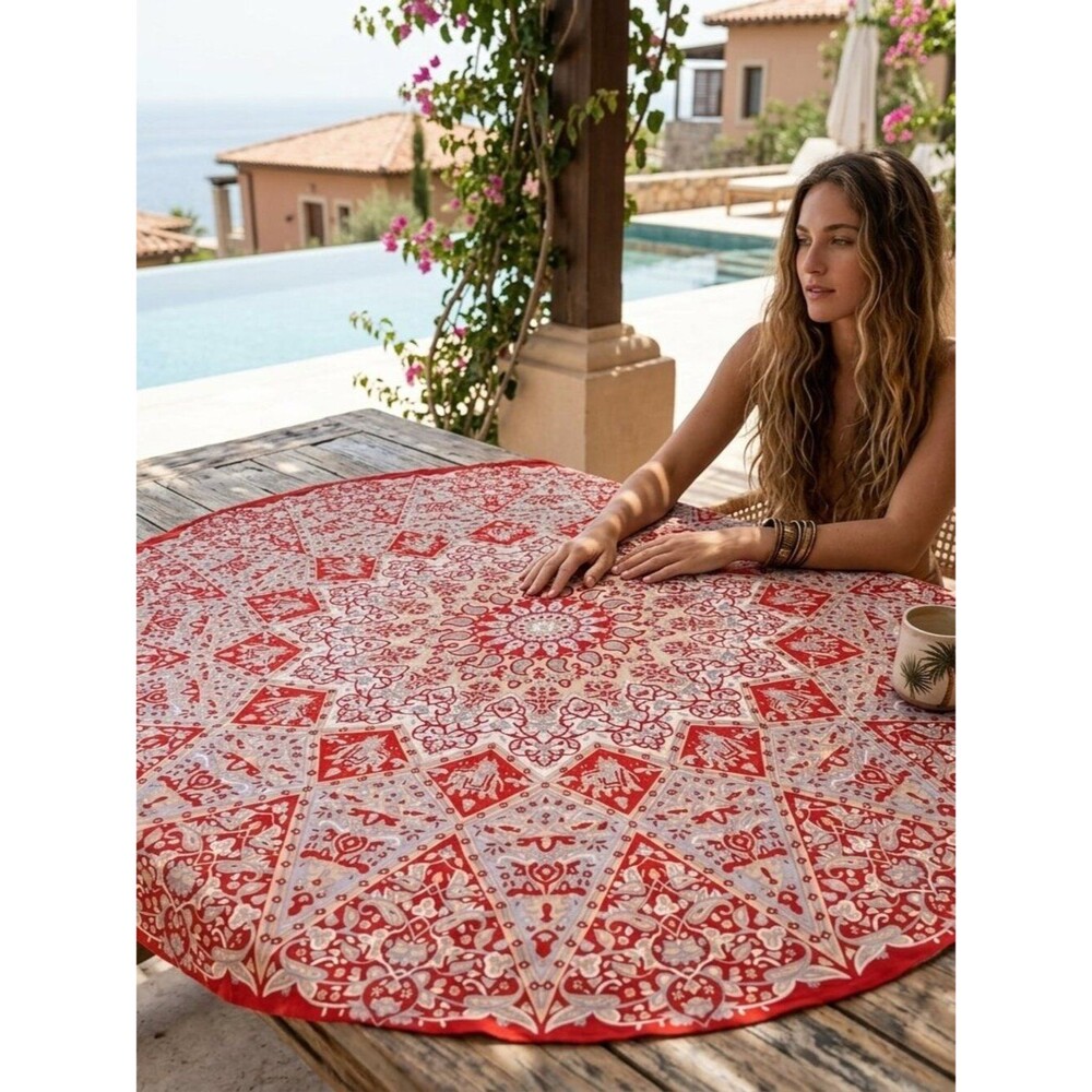 Mandala Elephant Round Oversized Scarf Wrap Red Gray White Boho Tapestry 60"
